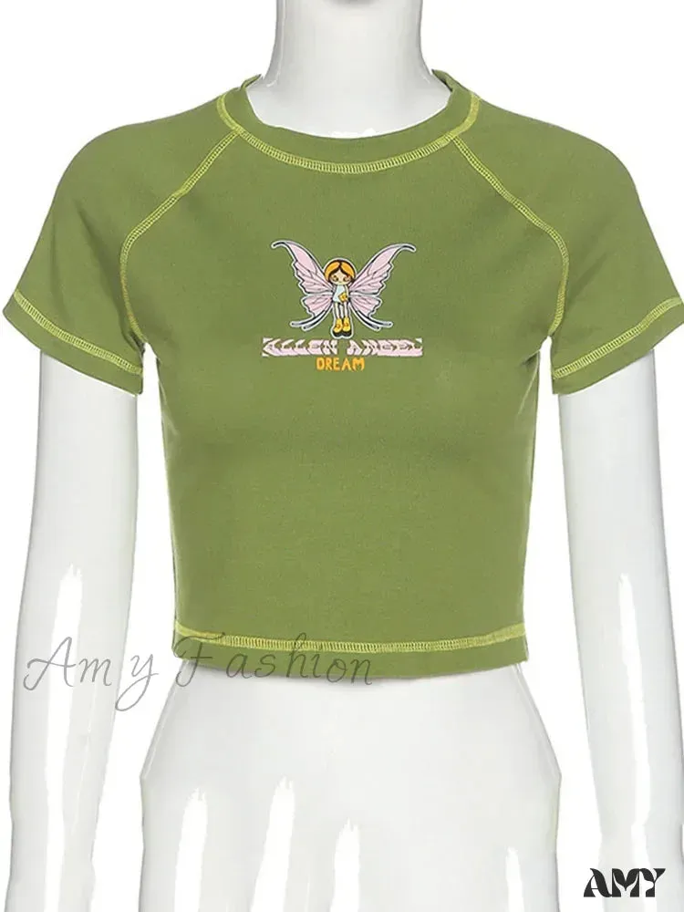 AMY - Butterfly Graphic Green Short Sleeve Vintage Tee Crop Top