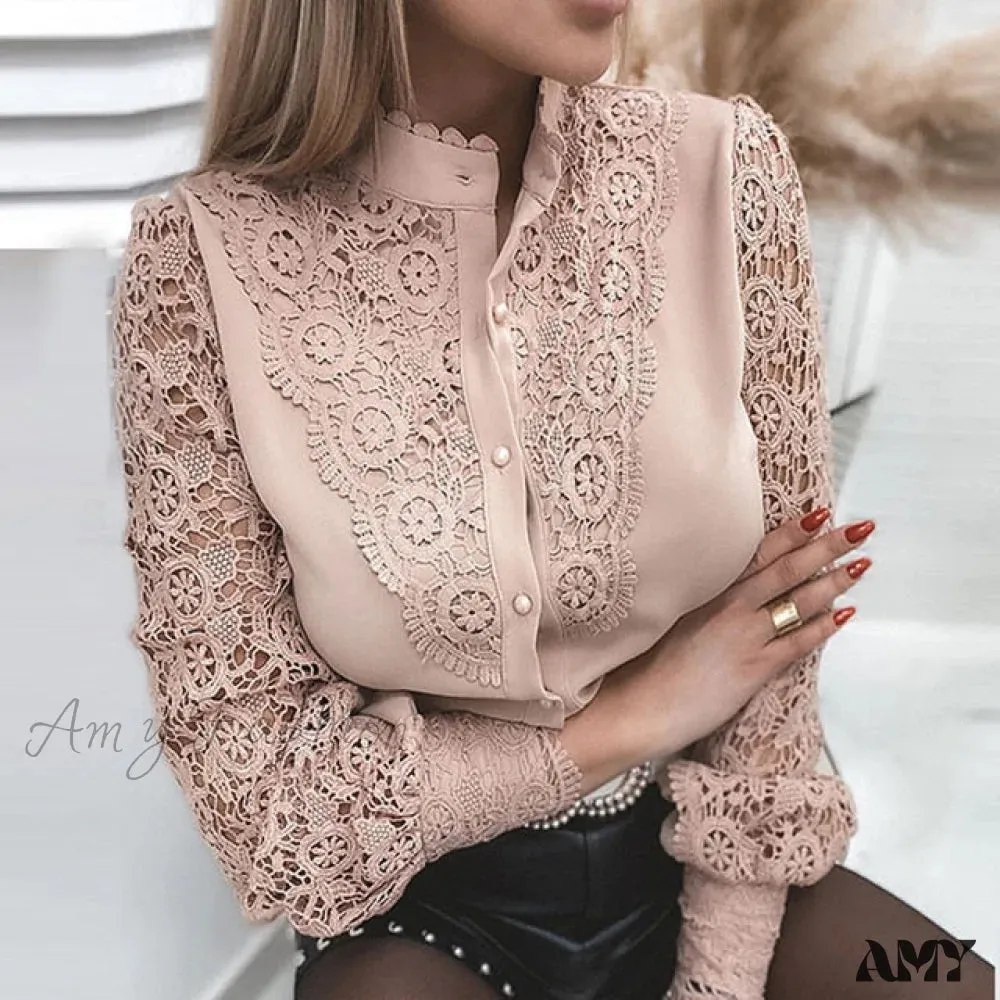 Amy Fashion - Long Sleeve Crew Neck Button Mesh Design Tops