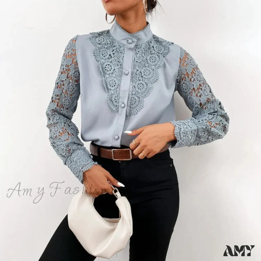 Amy Fashion - Long Sleeve Crew Neck Button Mesh Design Tops