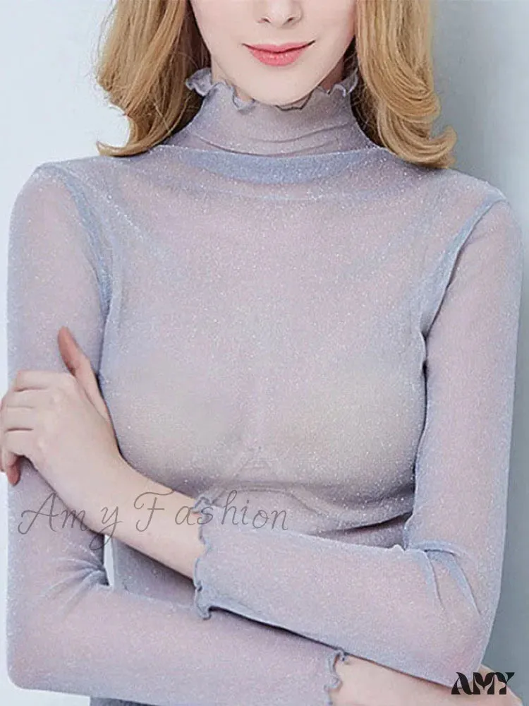 AMY - Sexy Mesh Long Sleeve Transparent See Through Femme Crop Top