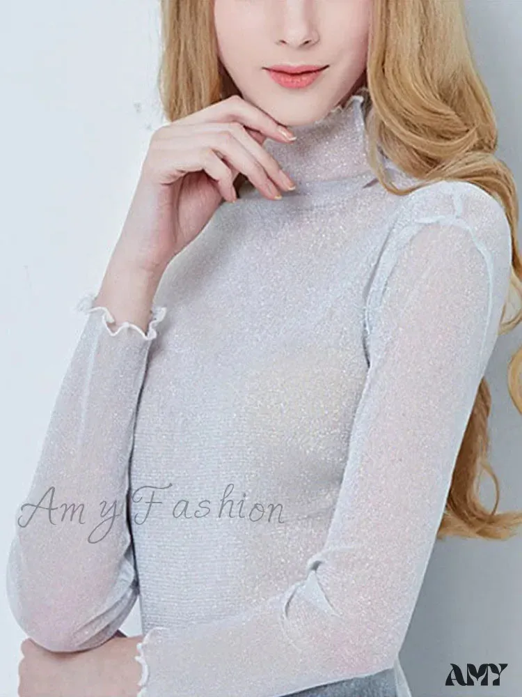 AMY - Sexy Mesh Long Sleeve Transparent See Through Femme Crop Top