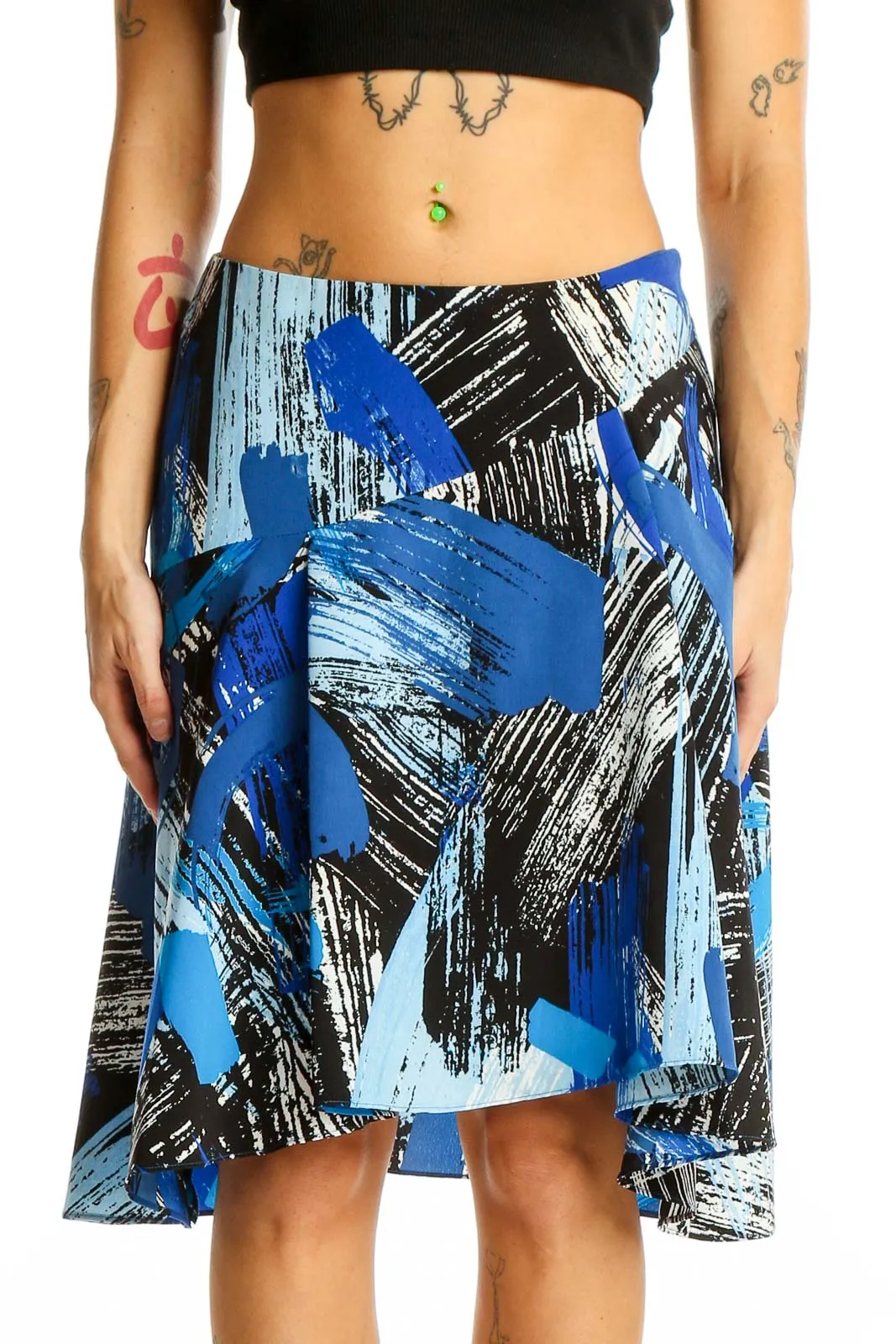 Blue Abstract Print High-Low Skirt