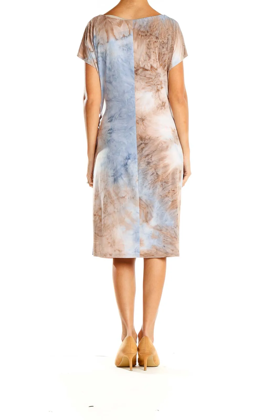 Blue and Beige Tie-Dye Wrap Dress