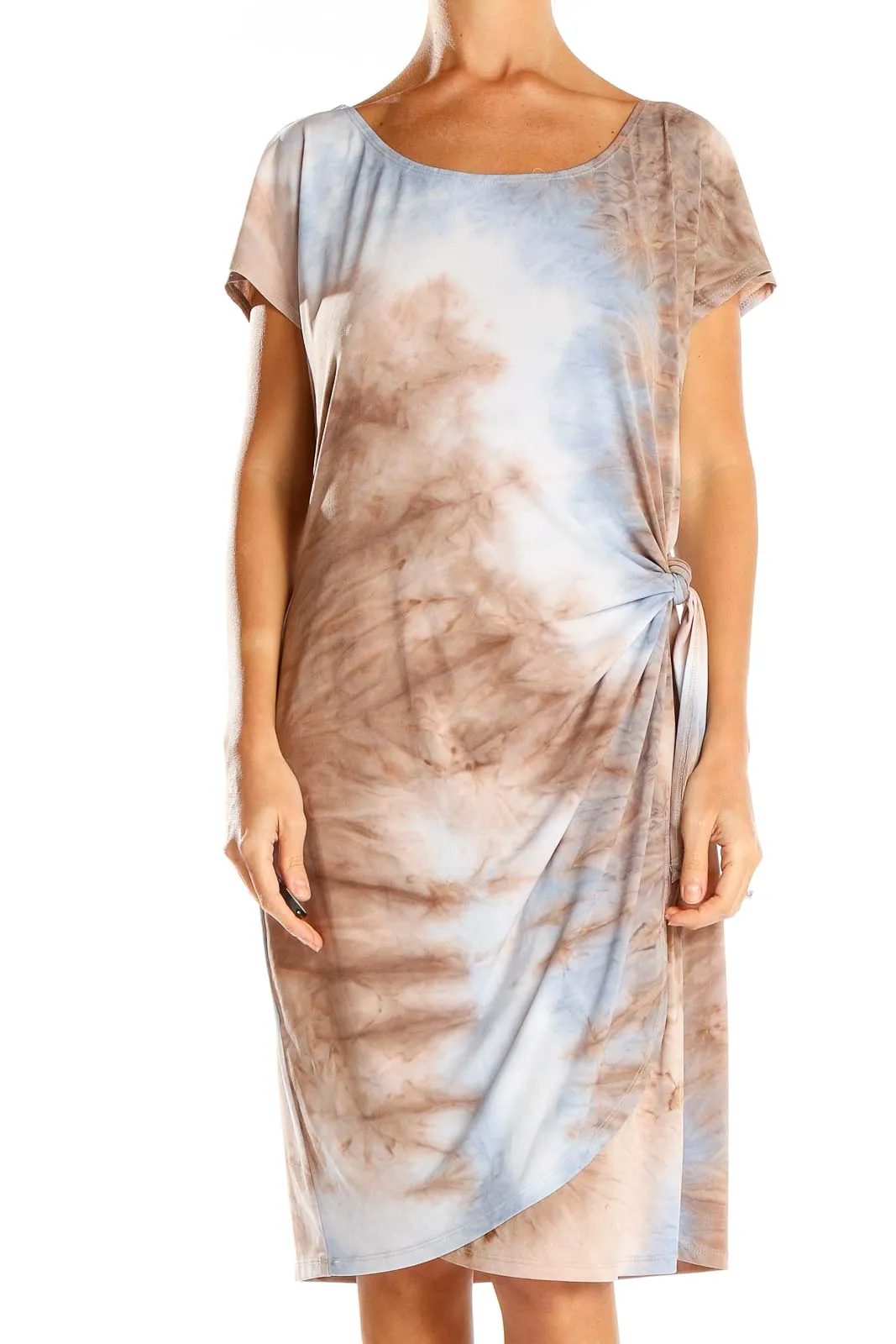 Blue and Beige Tie-Dye Wrap Dress