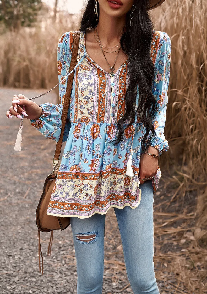 Blue Casual Boho Floral V Neck Drawstring Long Sleeve Tops