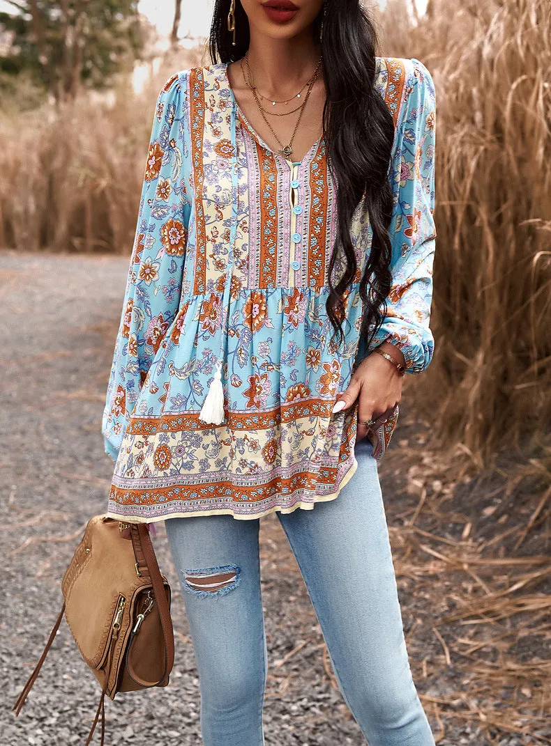 Blue Casual Boho Floral V Neck Drawstring Long Sleeve Tops