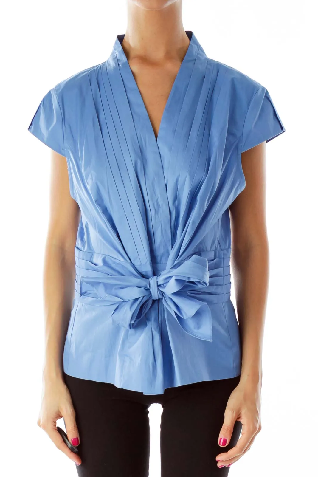 Blue V-Neck Belted Blouse