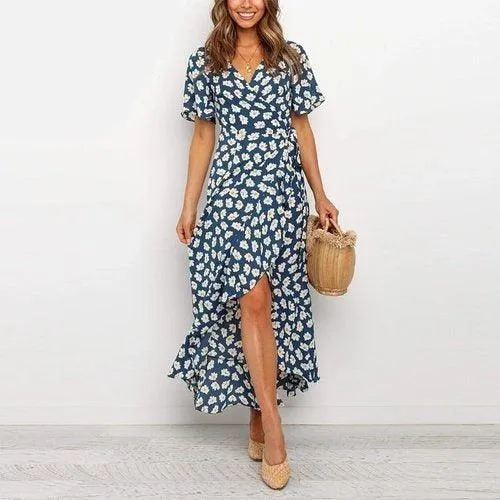 Boho Floral Print V-Neck Split Wrap Ruffles Short Sleeve Maxi Dress