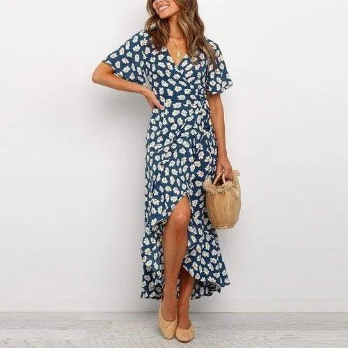 Boho Floral Print V-Neck Split Wrap Ruffles Short Sleeve Maxi Dress