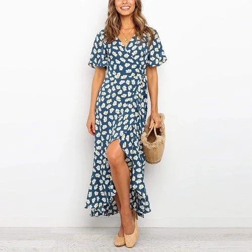 Boho Floral Print V-Neck Split Wrap Ruffles Short Sleeve Maxi Dress