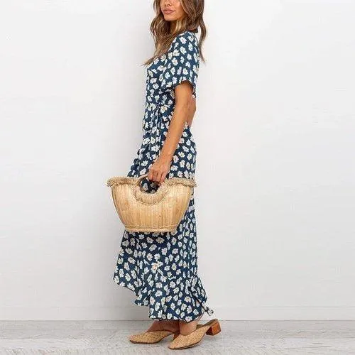 Boho Floral Print V-Neck Split Wrap Ruffles Short Sleeve Maxi Dress