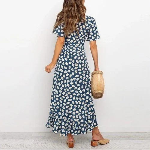 Boho Floral Print V-Neck Split Wrap Ruffles Short Sleeve Maxi Dress