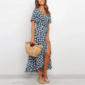 Boho Floral Print V-Neck Split Wrap Ruffles Short Sleeve Maxi Dress