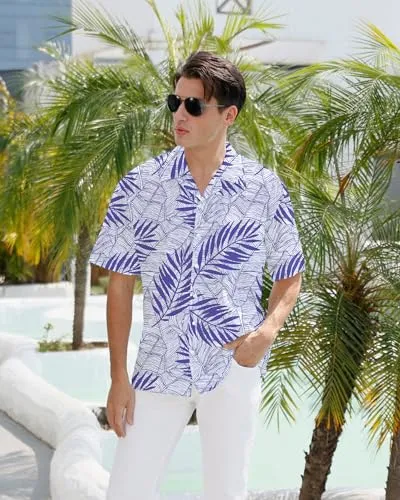 BOJIN Men's Hawaiian Wrinkle Free Tropical Short Sleeve Button Down Floral Beach Vacation Shirt White Flower Blue BJ016 3X