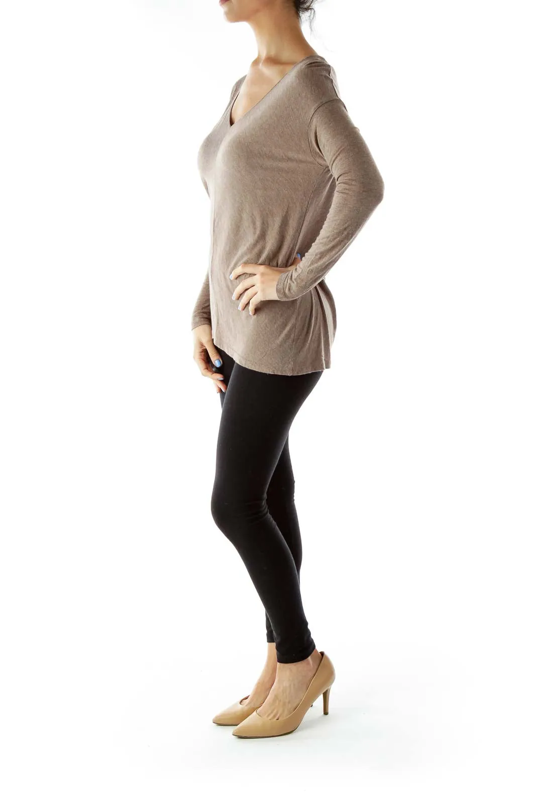 Brown Long Sleeve V-Neck Tunic