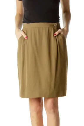 Brown Pocketed Side-Buttoned A-Line Skirt