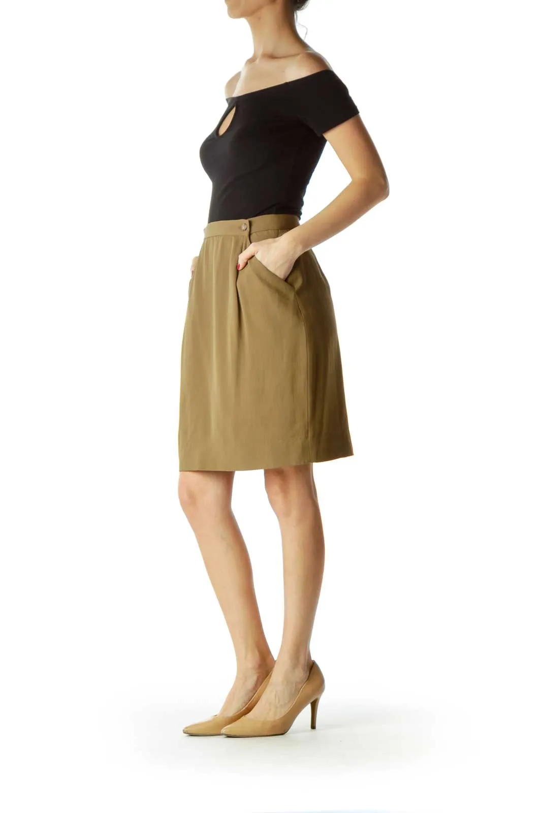 Brown Pocketed Side-Buttoned A-Line Skirt