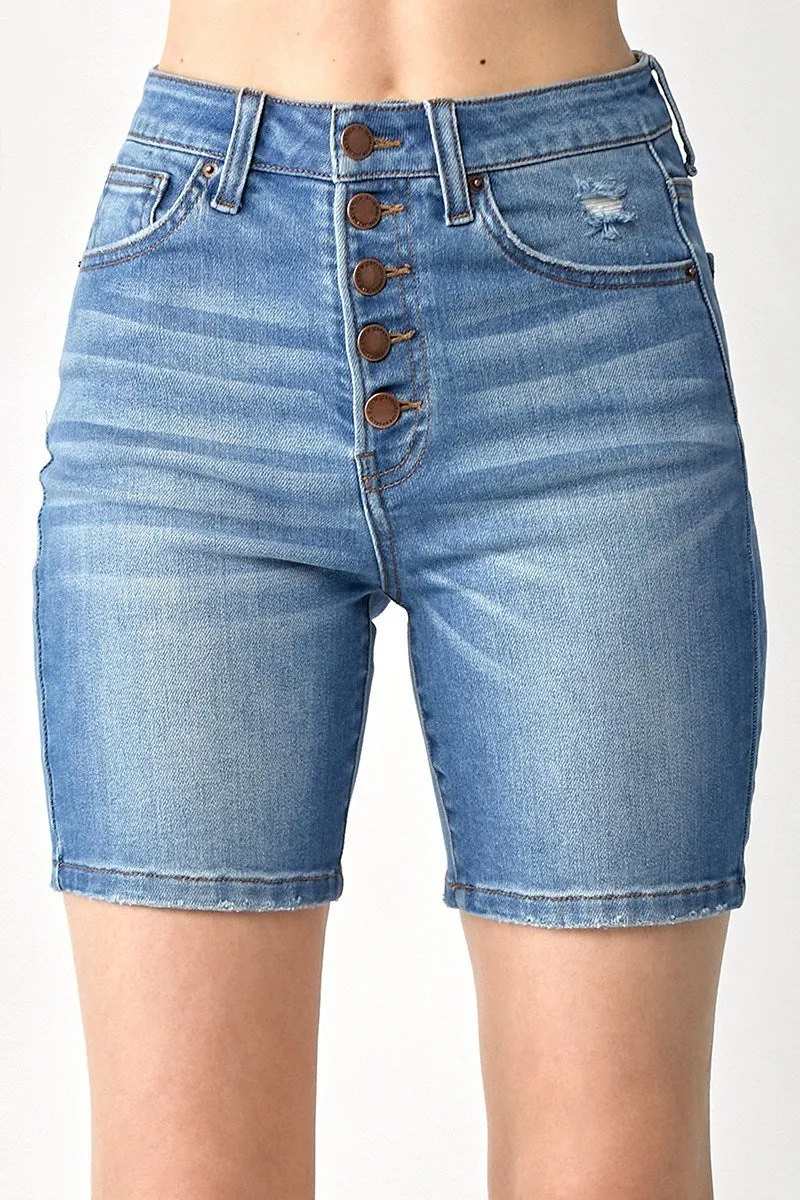 Button Fly Mid Thigh Jean Shorts