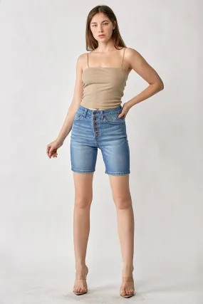 Button Fly Mid Thigh Jean Shorts