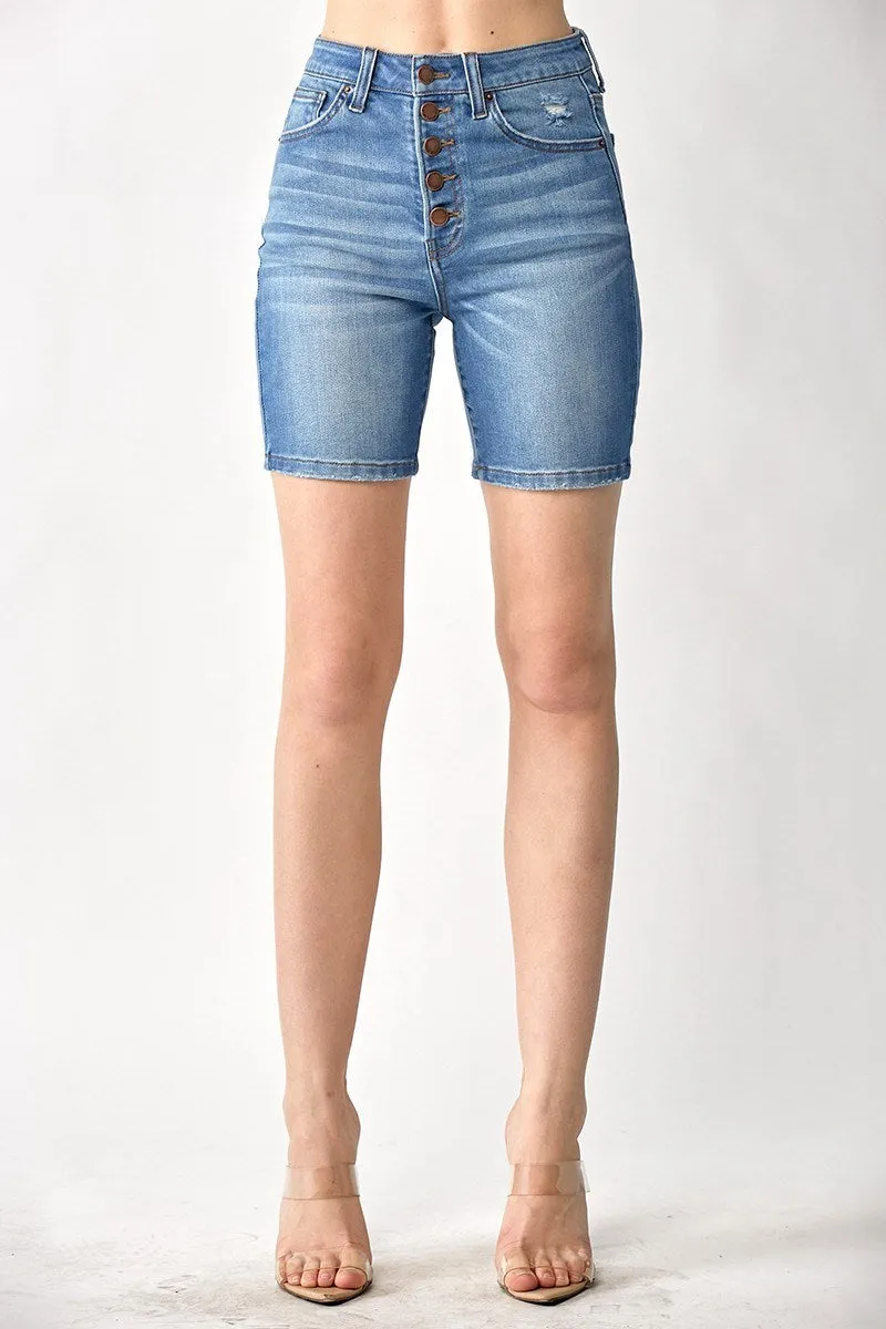 Button Fly Mid Thigh Jean Shorts