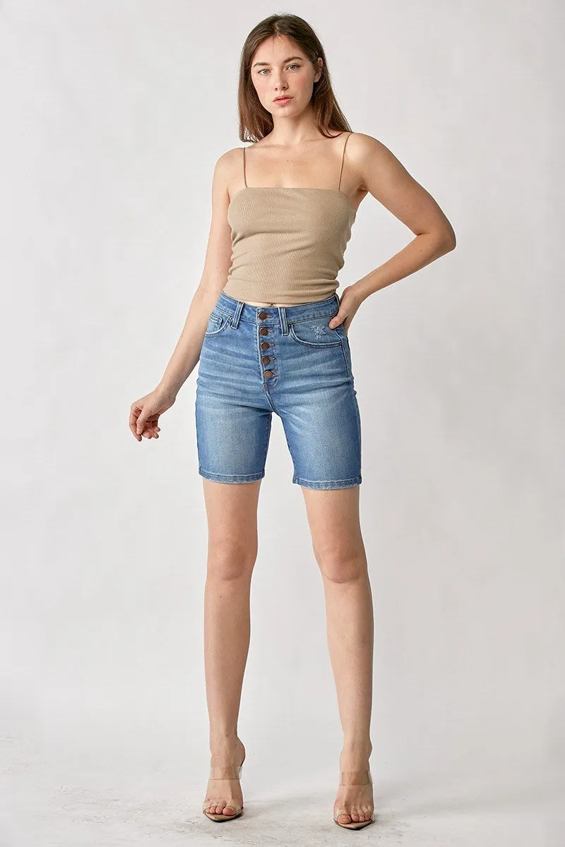 Button Fly Mid Thigh Jean Shorts