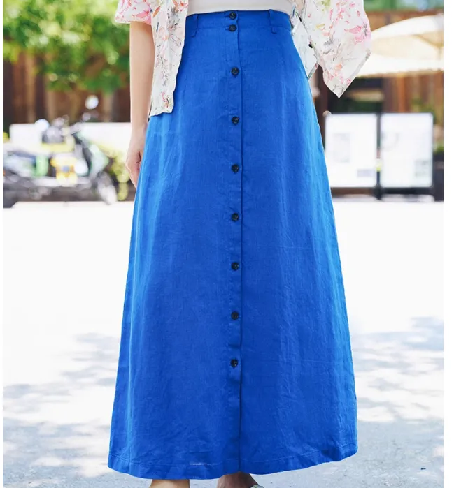 Buttons Minimalism Linen Summer A-line Skirt Long Skirt 9861