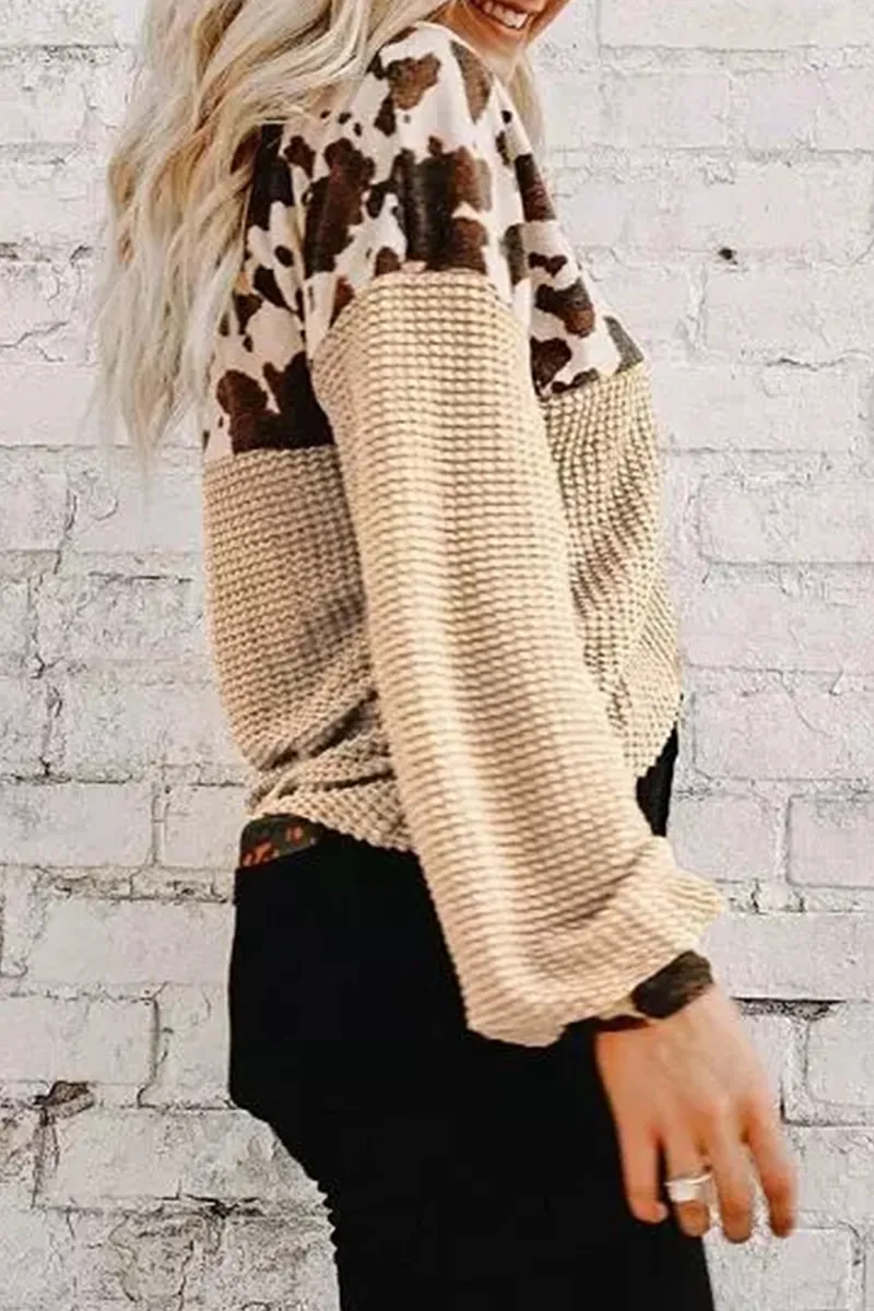 Casual Leopard Patchwork V Neck Tops