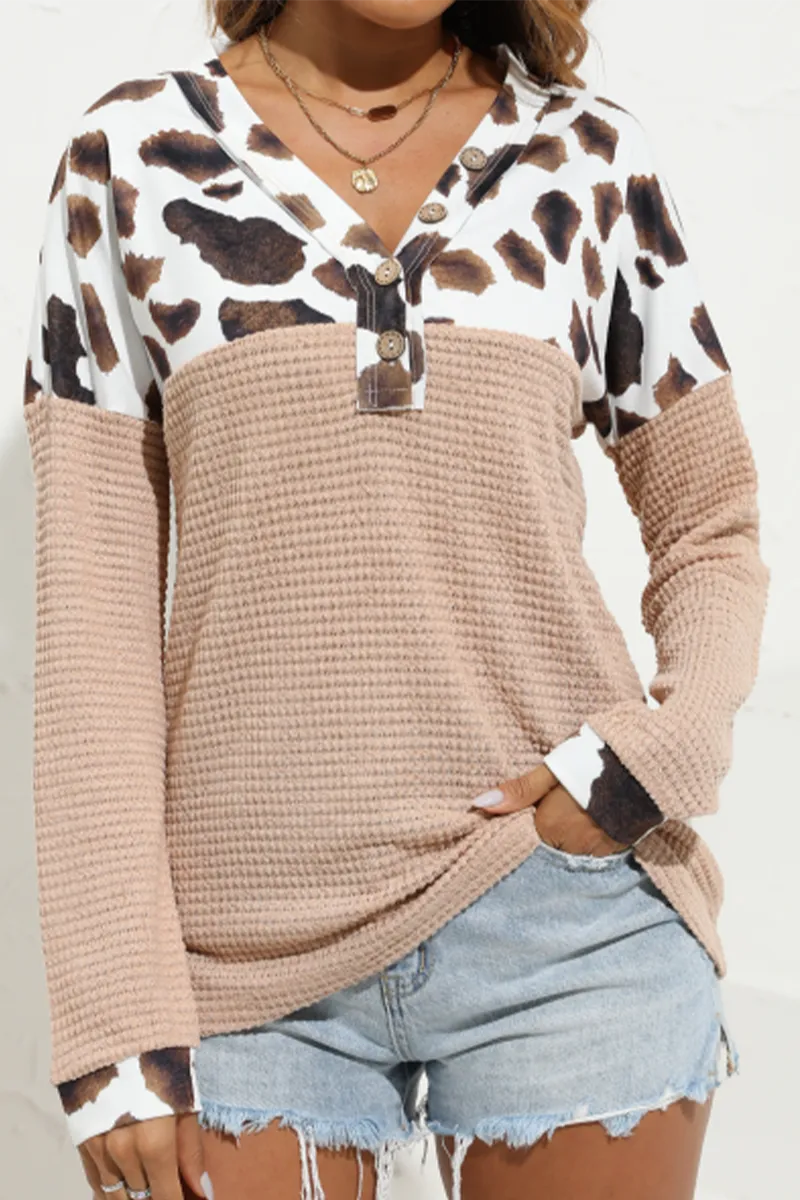 Casual Leopard Patchwork V Neck Tops