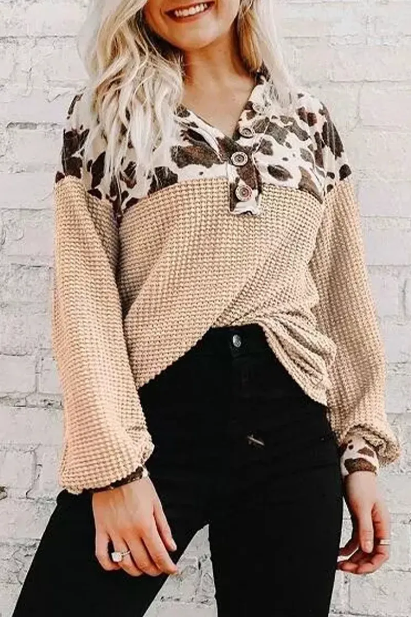 Casual Leopard Patchwork V Neck Tops