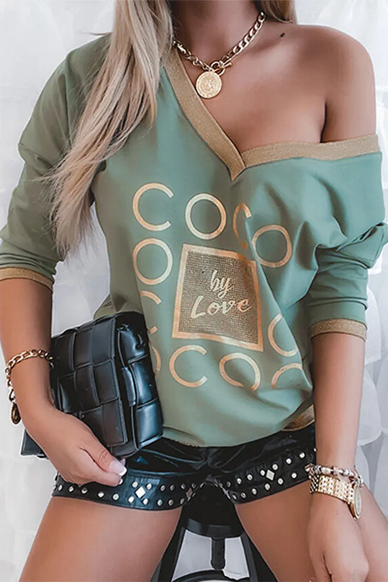 Casual Print Patchwork V Neck Tops