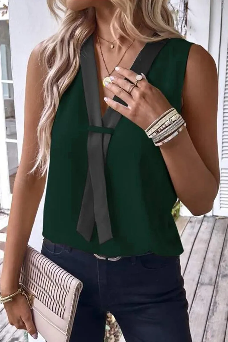 Casual Simplicity Solid Patchwork V Neck Tops