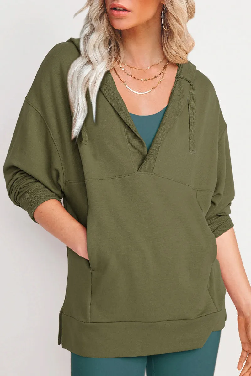 Casual Solid Pocket V Neck Tops