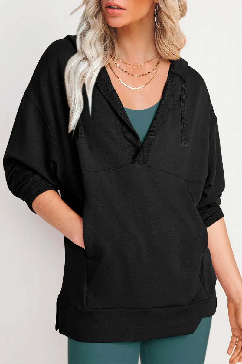 Casual Solid Pocket V Neck Tops