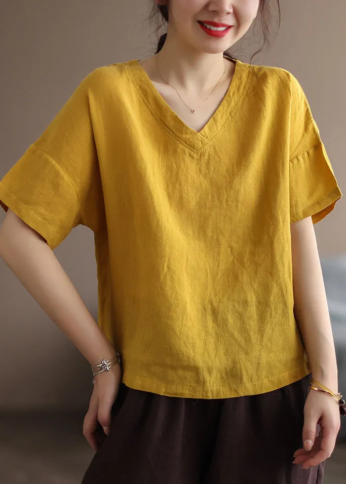 Classy Yellow Solid V Neck Patchwork Linen Tops Short Sleeve