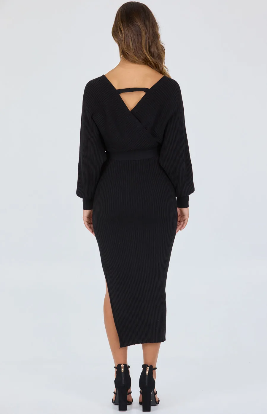 Cross Front Rib Knit Midi Dress With Side Split