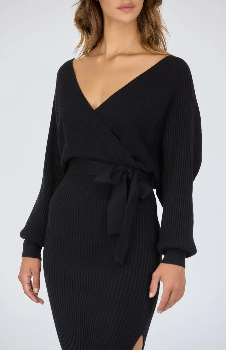 Cross Front Rib Knit Midi Dress With Side Split