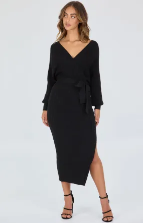 Cross Front Rib Knit Midi Dress With Side Split