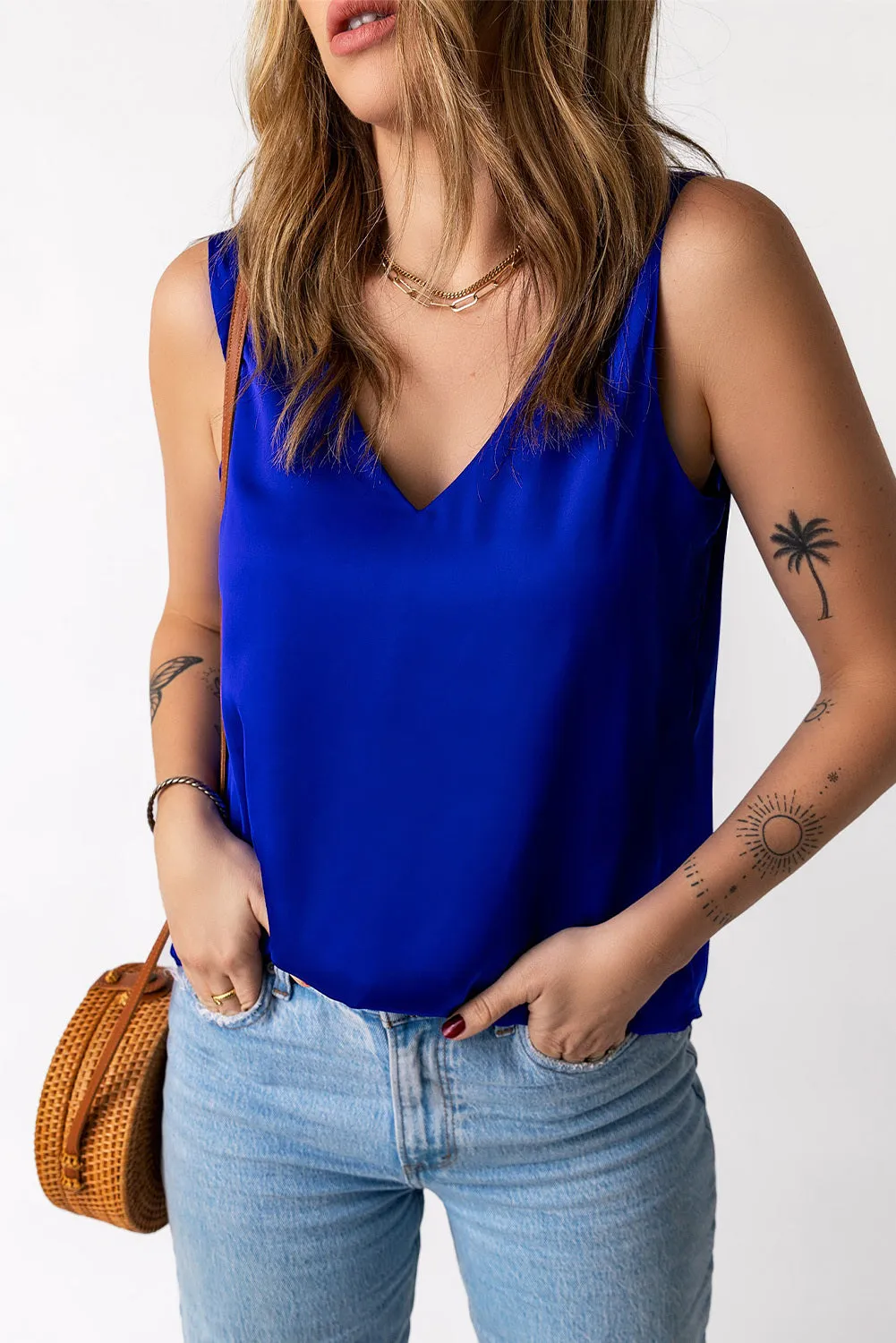 Deep V Neck Loose Tank Top Loose Sleeveless T Shirt Blouse