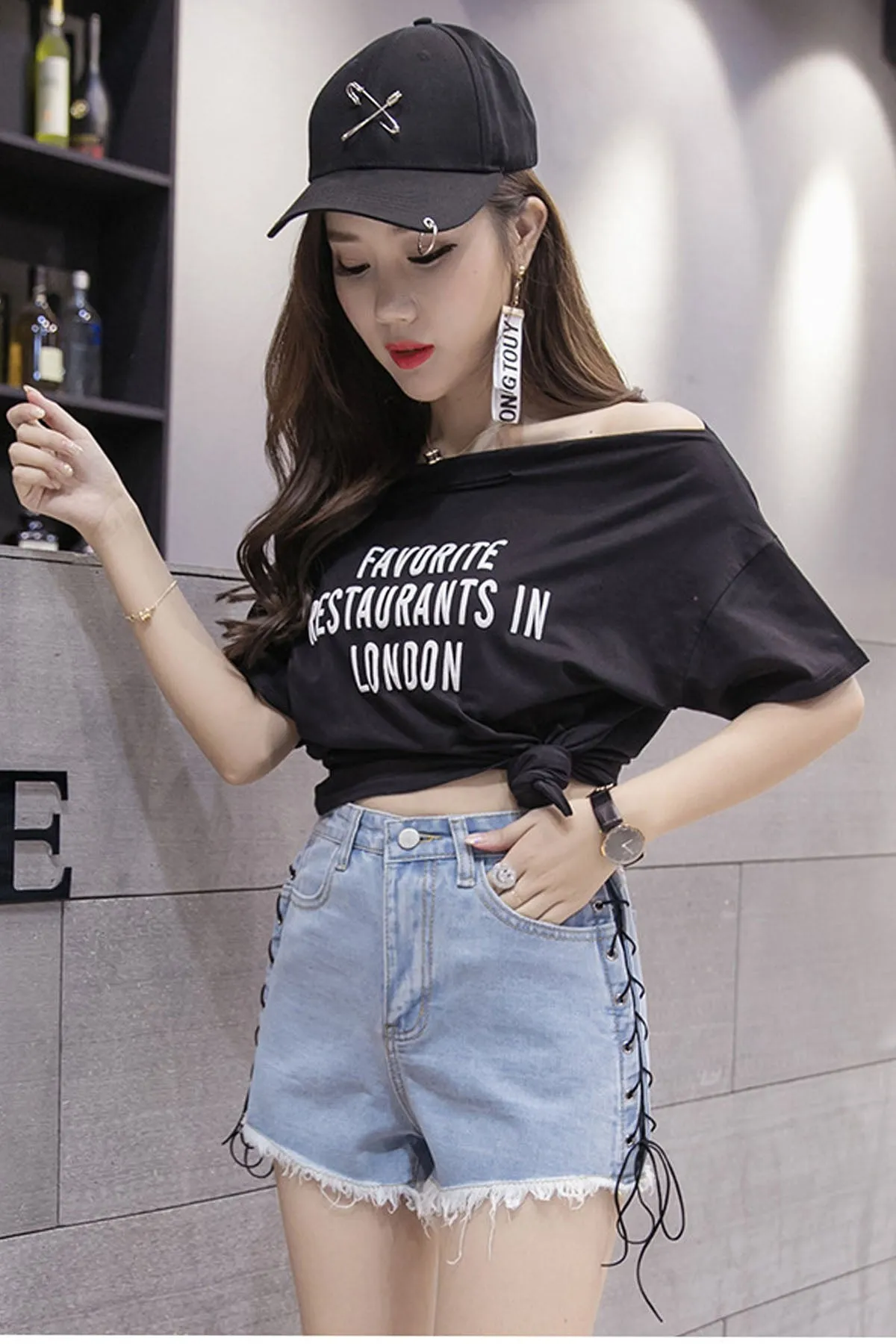 Denim High Waist Bandage Tassel Loose Shorts