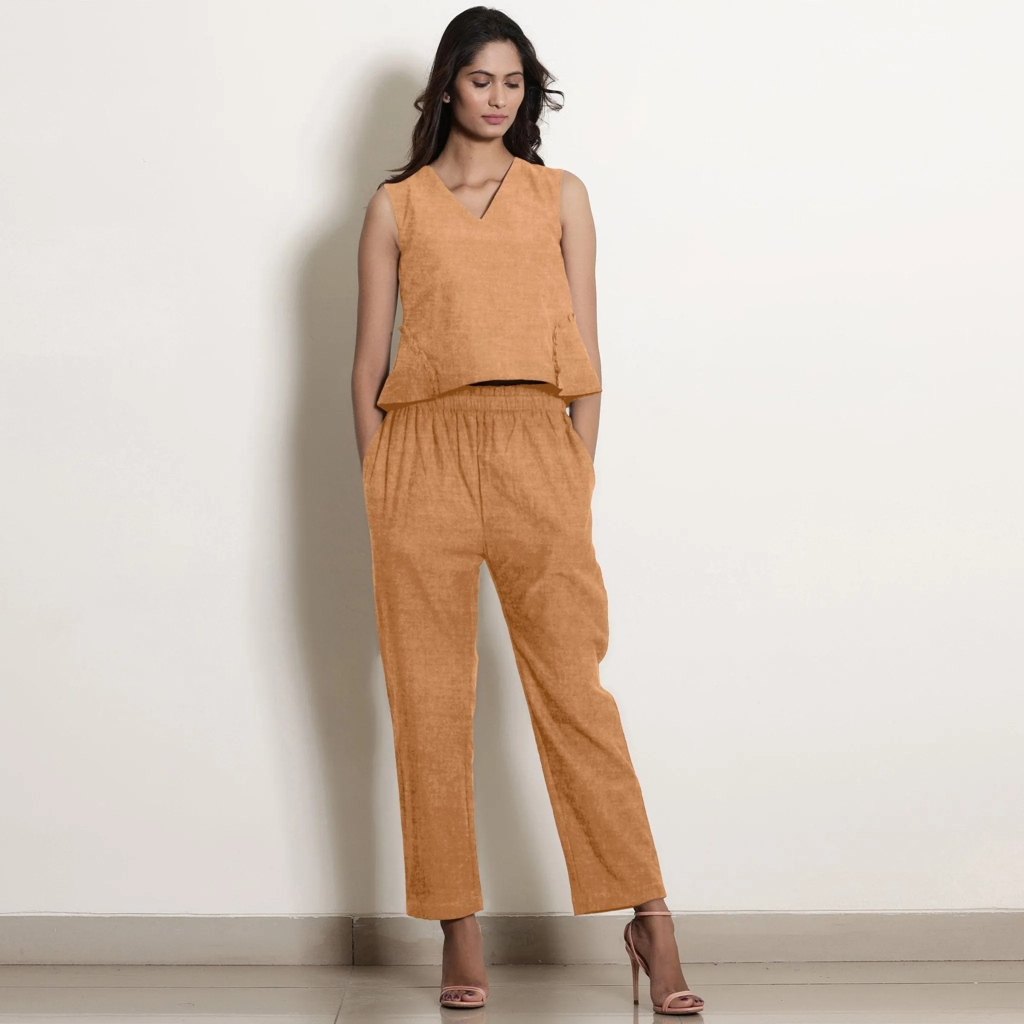 Desert Yellow Linen V-Neck Frilled Godet Top