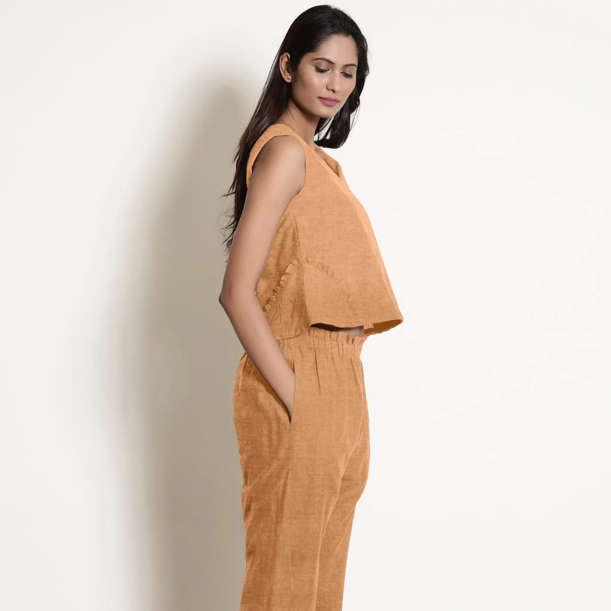 Desert Yellow Linen V-Neck Frilled Godet Top