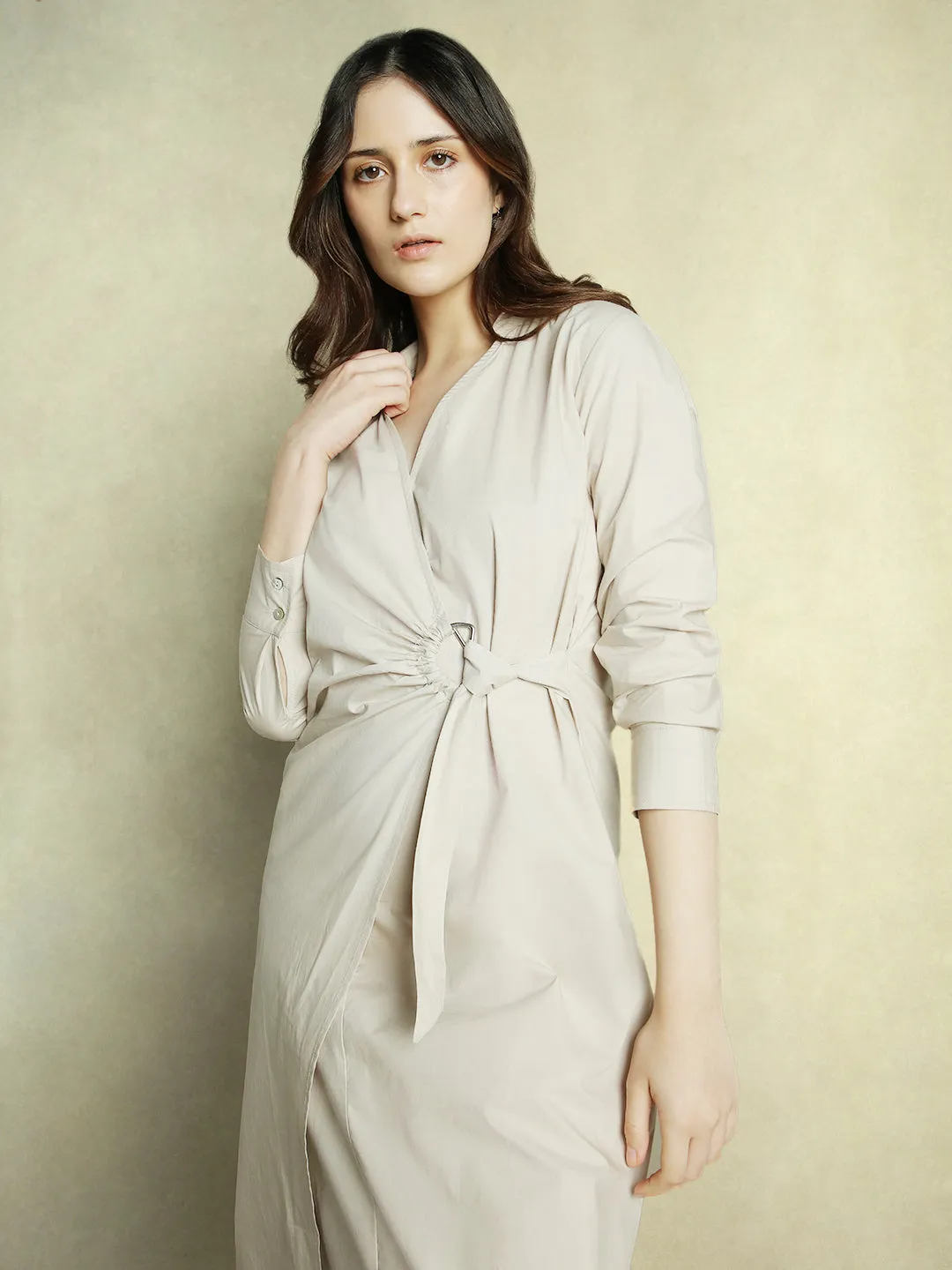 DL Woman Beige Solid V-Neck Wrap Dress