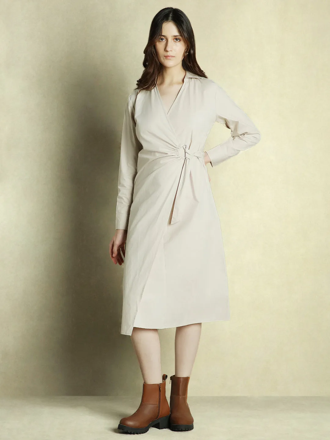 DL Woman Beige Solid V-Neck Wrap Dress