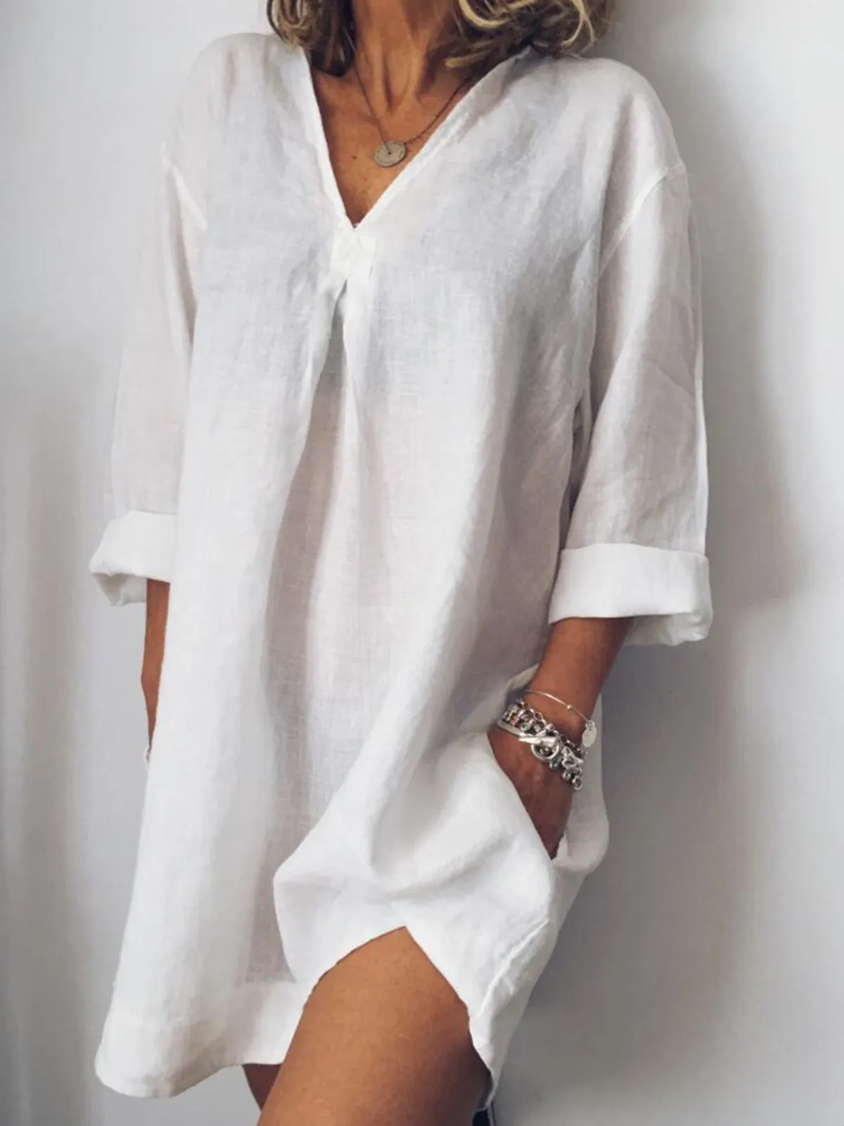 Dunnmall Long Sleeve V Neck Casualdress