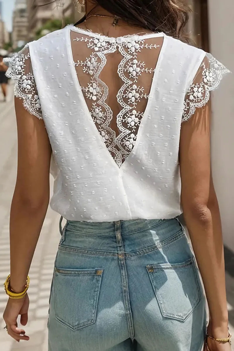 Elegant Solid Lace V Neck Tops