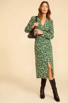 Floral Print Long Sleeve Button Up French Shirt Midi Dress - Green