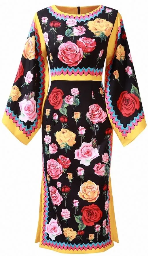 Floral Print Wide-Sleeve Midi Dress