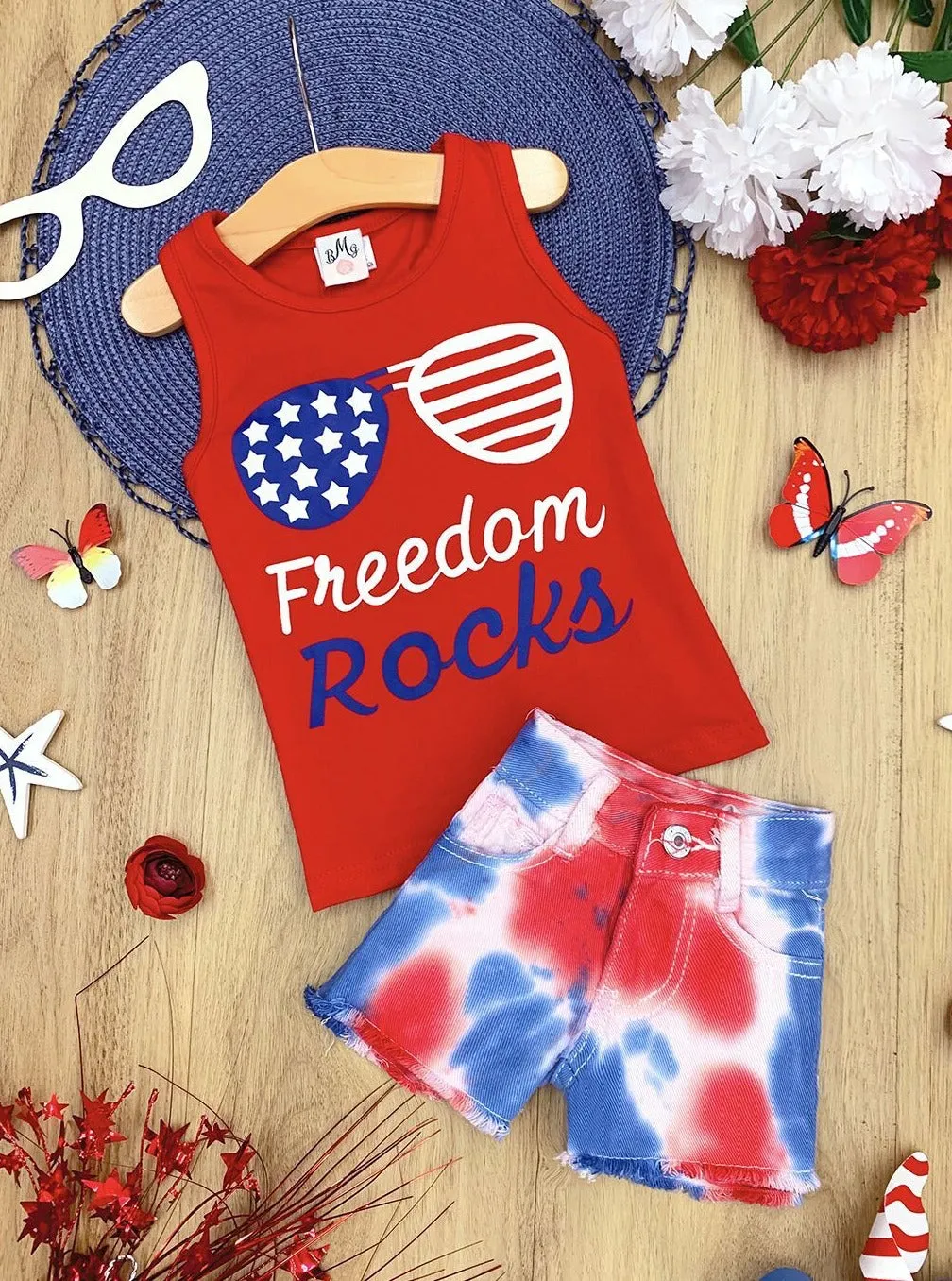 Freedom Rocks Tie Dye Denim Shorts Set