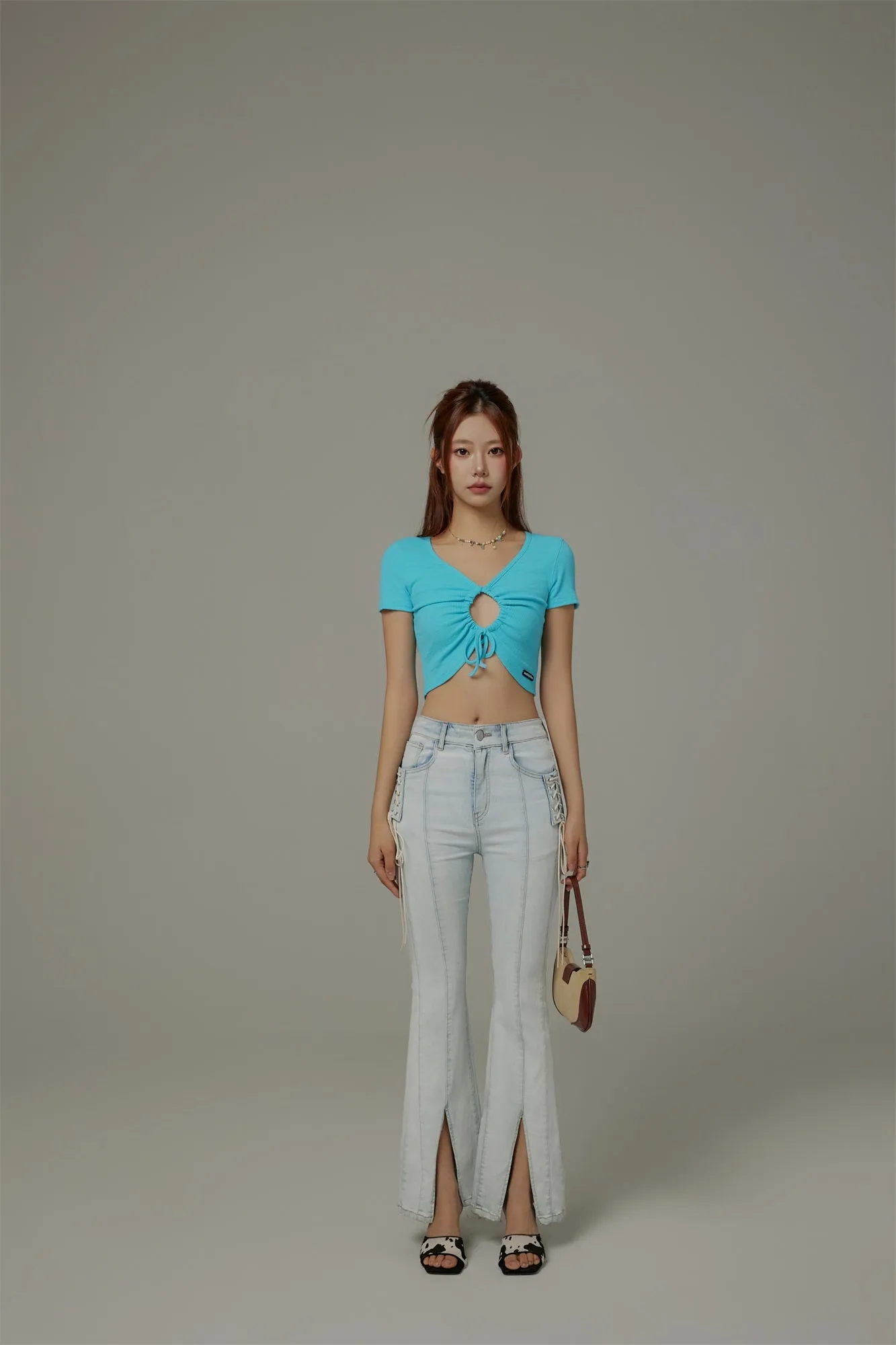 Front Keyhole String V-Neck Cropped Top