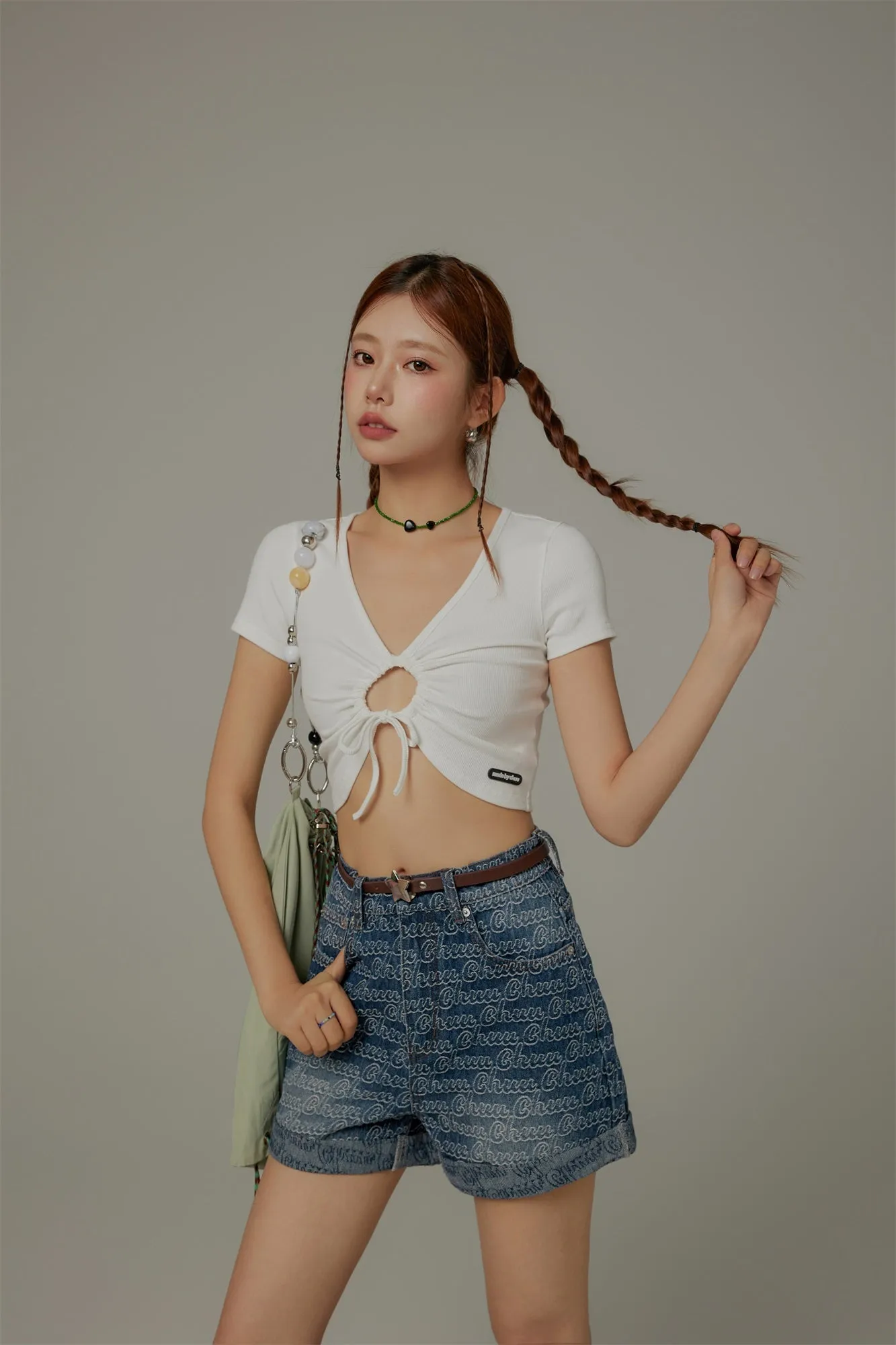 Front Keyhole String V-Neck Cropped Top